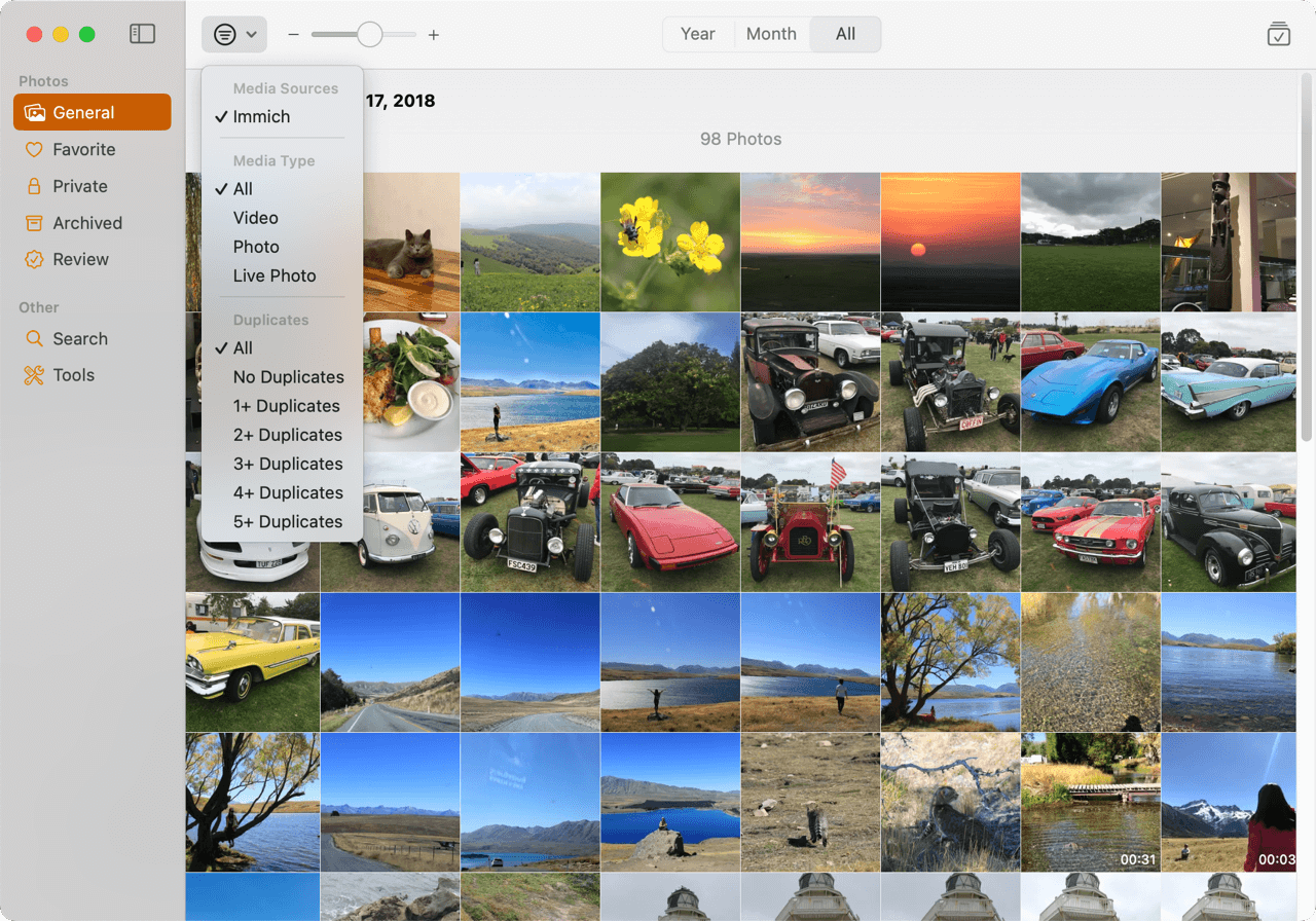 Stream on macOS showing a unified photo library from multiple sources